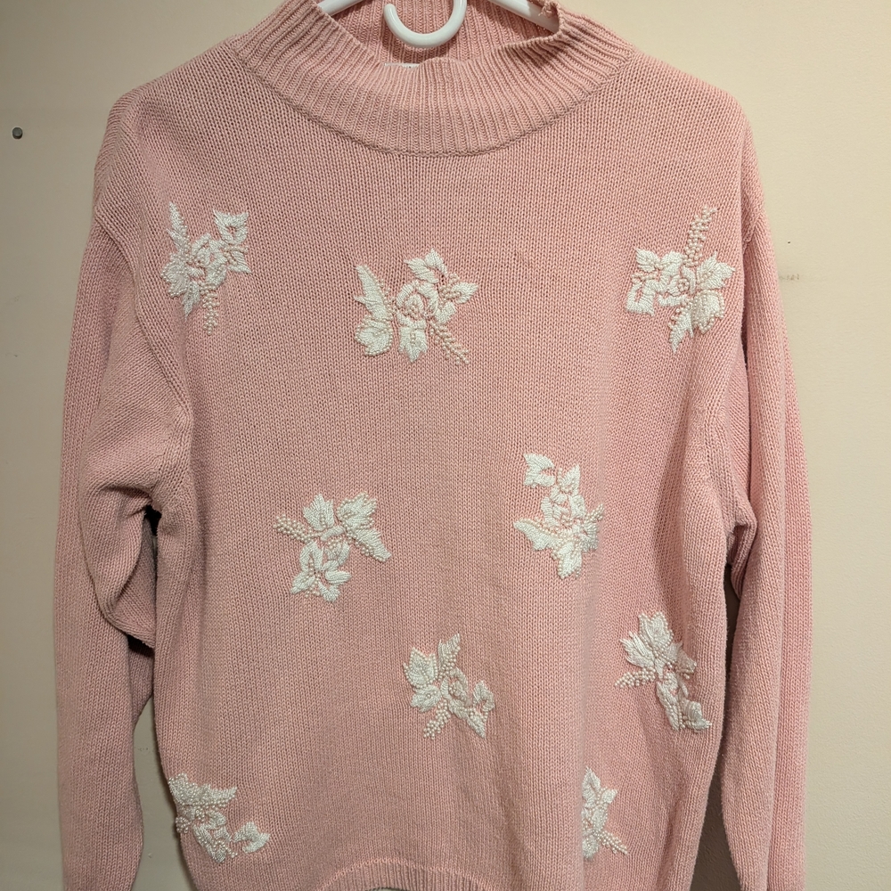 Dressbarn Pink and White Floral Turtleneck Sweater